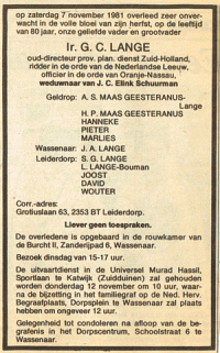 Overlijdensbericht G.C. Lange (1981)